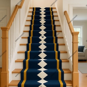 May include: A navy blue stair runner with a repeating pattern of white diamond shapes and gold stripes. The runner is installed on wooden stairs with white balusters and wooden handrails. The text "MRWOLRDRUGS" is printed on the side of the stairs.