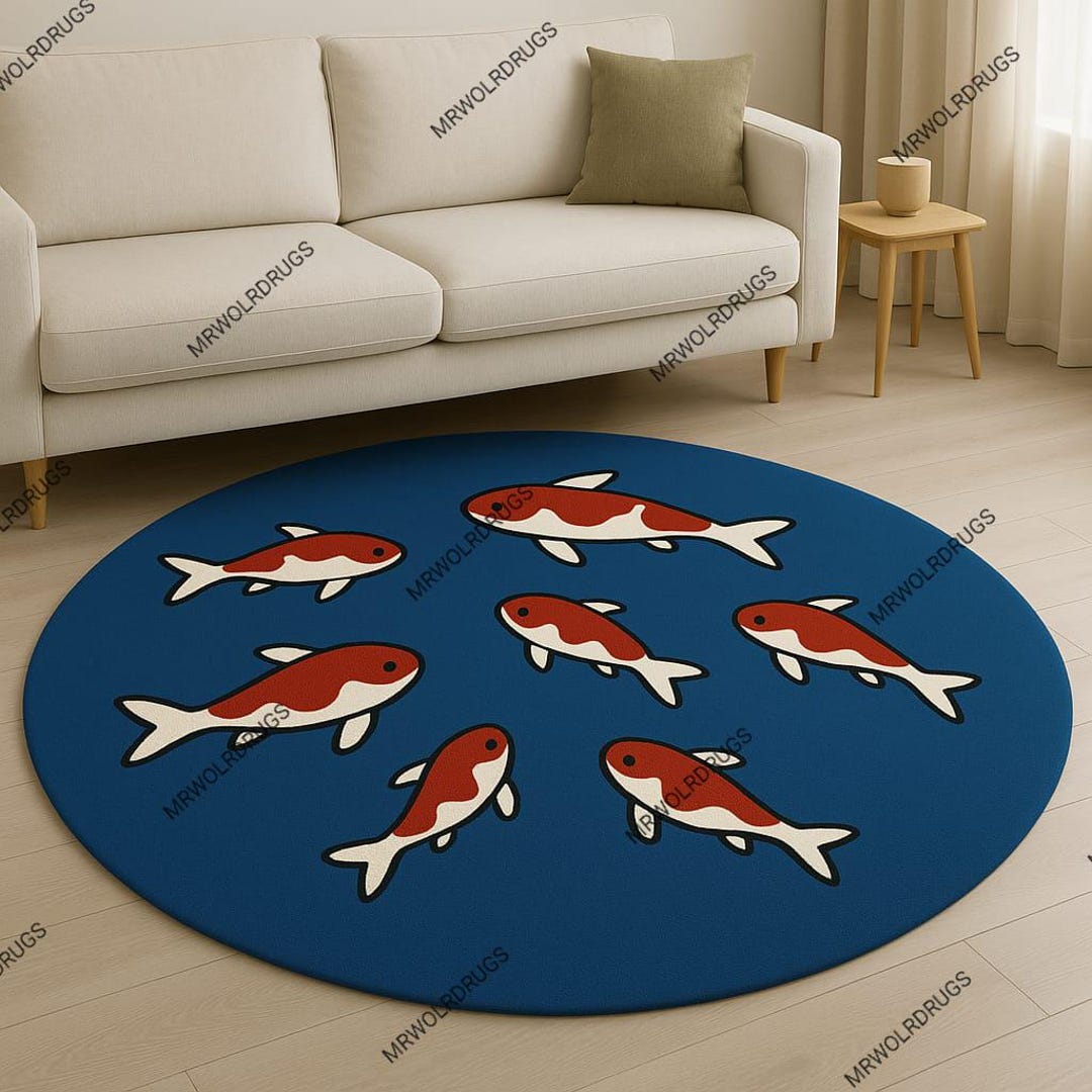 Fish Rug Handade Handmade Koi Fish Rug: Tufted Japanese-inspired Blue Carpet - Etsy