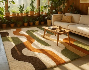 70s Hand Tufted Rug, Earth Tone Wavy Area Rug, Mid Century Modern Plush Carpet