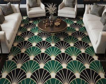 Art Deco Emerald Green Fan Rug, Glam Geometric Area Carpet