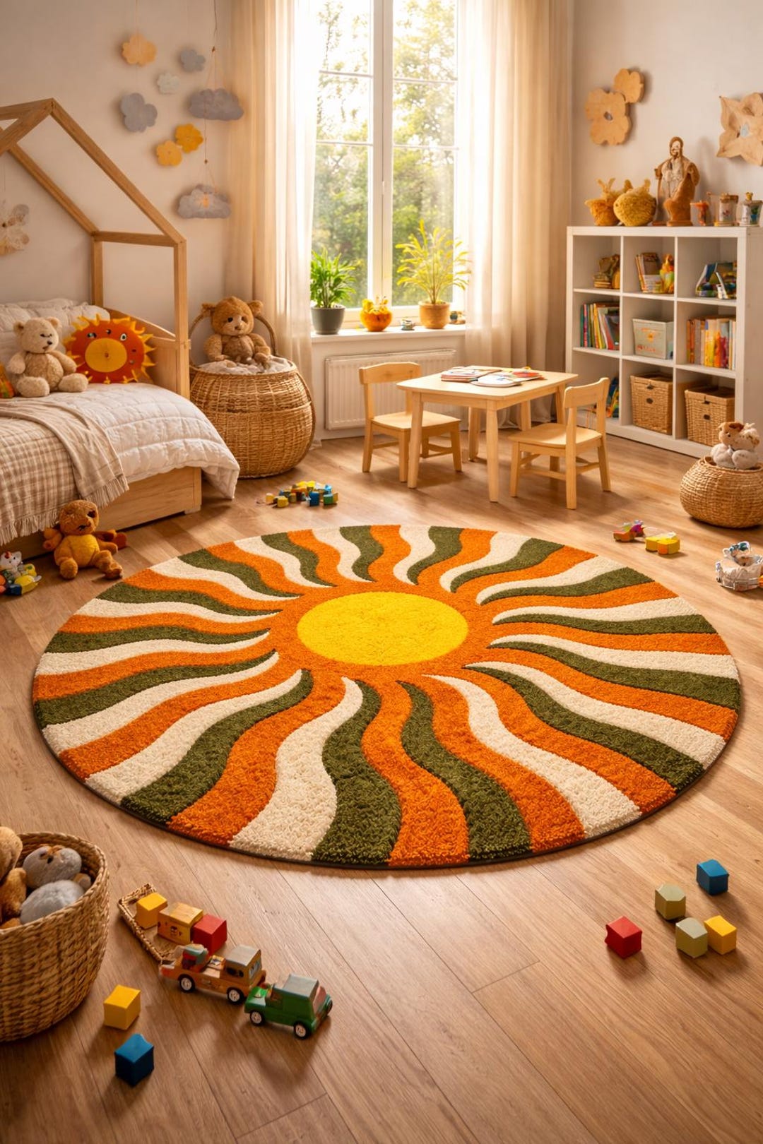 Retro Sunburst Round Rug – Hand-tufted 70s Boho Kids Room Carpet - Etsy