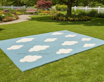 Hand Tufted Light Blue Cloud Rug | Whimsical Nursery Carpet