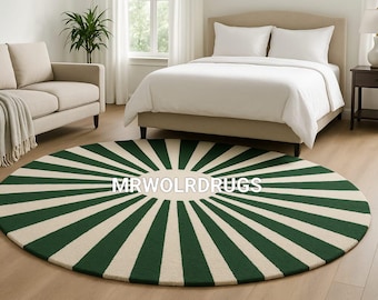 Alfombra redonda Sunburst / Alfombra moderna de lana verde / Decoración de lujo para sala de estar tejida a mano