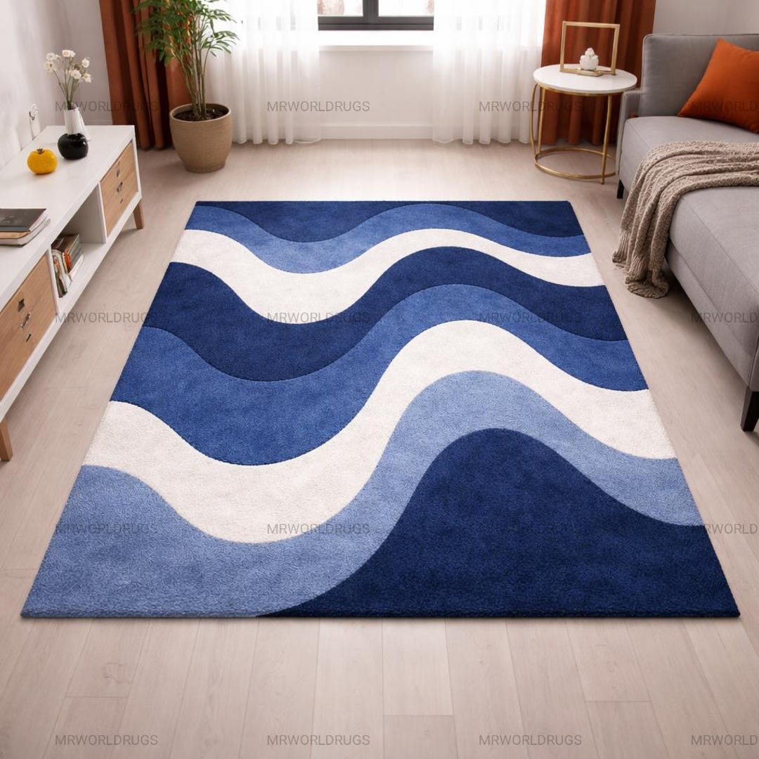 Hand Tufted Wave Rug – Blue & White Abstract Wool Rug for Modern Home ...