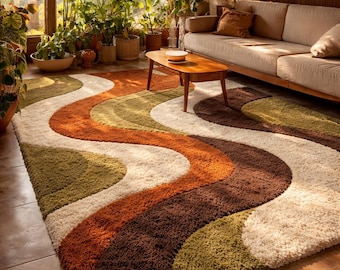 Mid Century Modern Plush Hand Tufted Shag Rug – 70s Wave, Earth Tone Decor