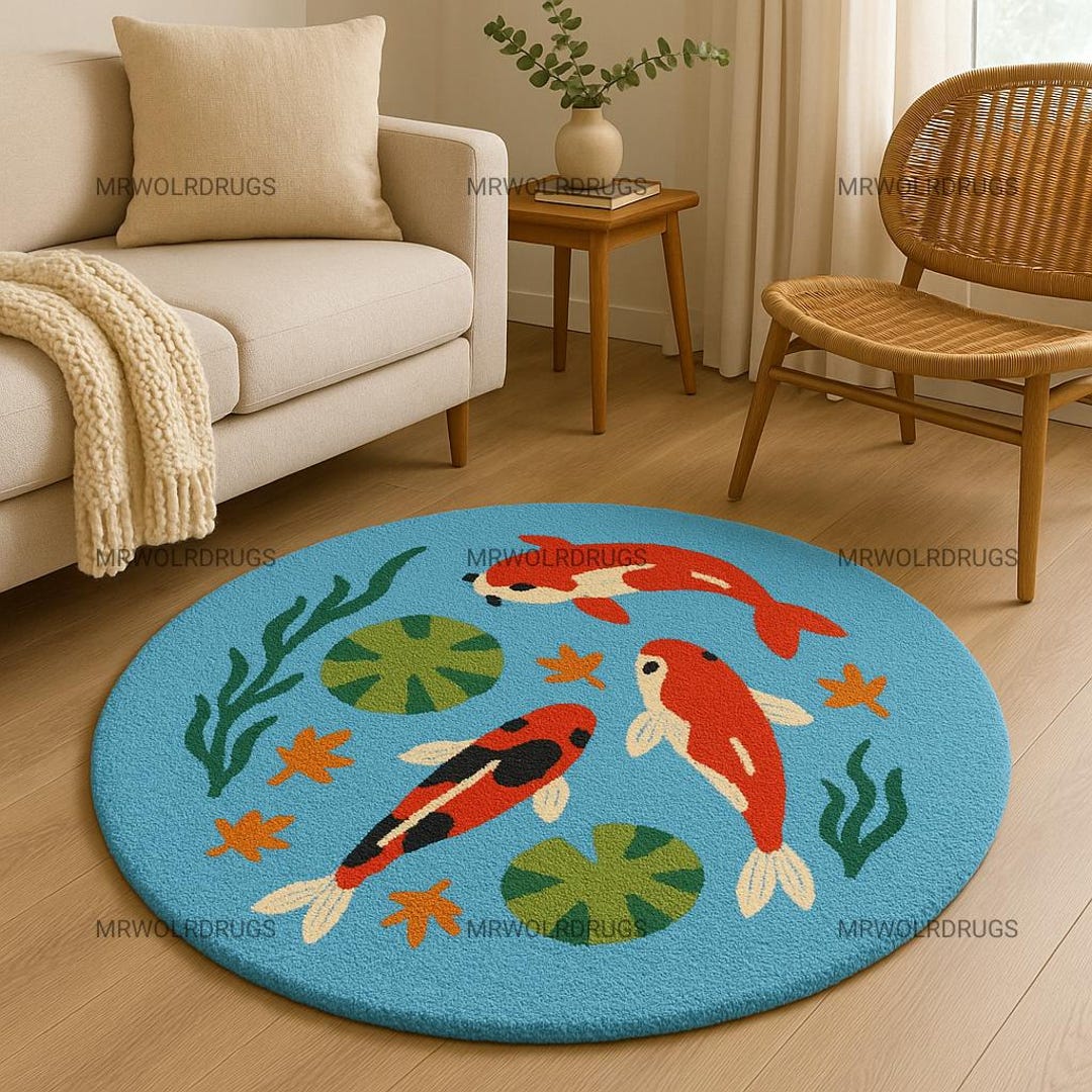 Fish Rug Handade Handmade Koi Fish Round Rug, Japanese Pond Area Carpet, Zen Decor - Etsy