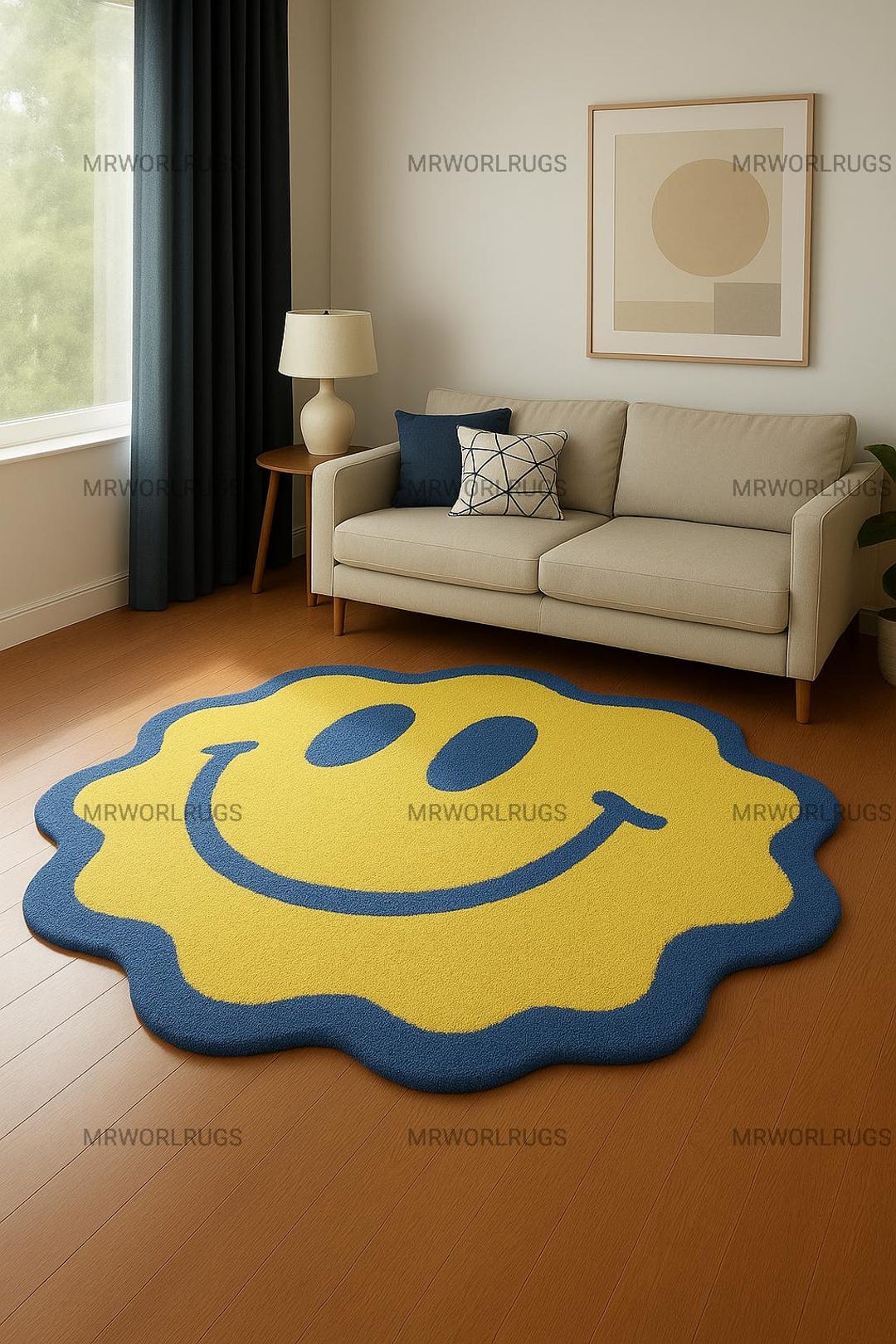 Talk It Out Rug Handmade Smiley Face Rug | Blue & Yellow Wavy Tufted Carpet in Bedroom ...