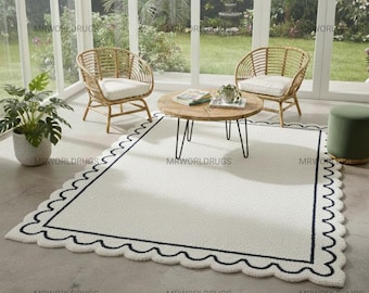 Hand Tufted Wool Area Rug, Cream Scalloped Border