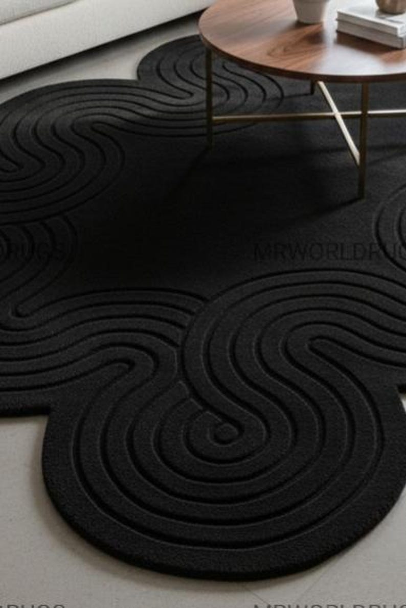 Hand-tufted Black Rug | Cloud Shape, Sculpted Wave Pattern - Etsy