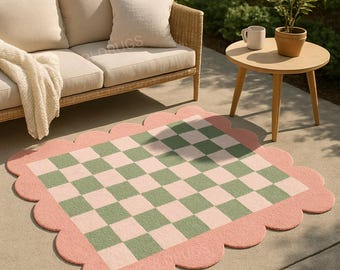 Handmade Tufted Rug – Pink Scalloped Edge, Green Checkerboard
