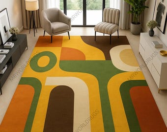 Retro Geometric Area Rug | 70s Style Abstract Carpet | Mid-Century Modern Yellow, Orange & Green Decor