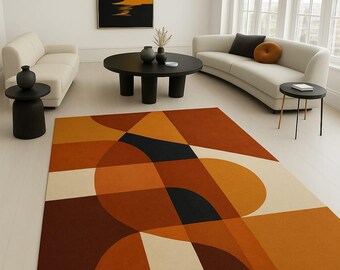 Mid Century Modern Wool Area Rug, Burnt Orange Geometric Carpet