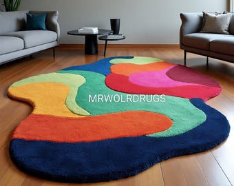 Abstract Tufted Rug: Handmade Irregular Shape, Modern Colorful Carpet