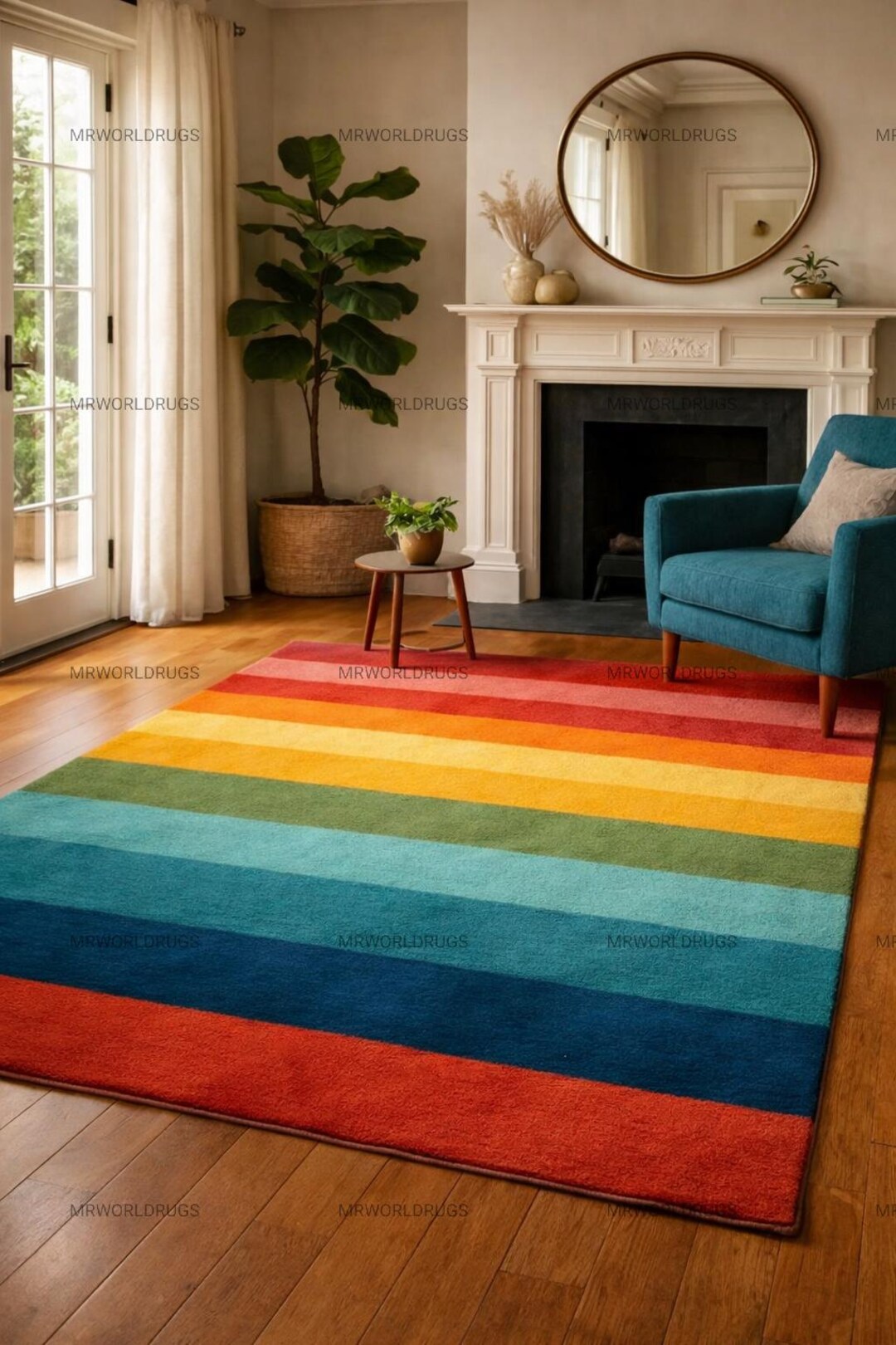 Hand Tufted Colorful Stripe Rug – Rainbow Wool Area Rug for Modern Home ...