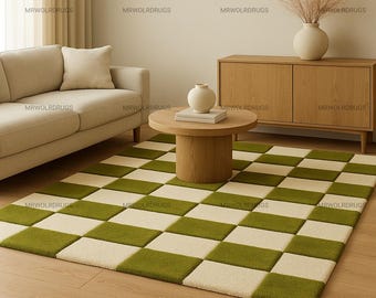 Green and Cream Checkerboard Wool Rug – Handmade Geometric Carpet