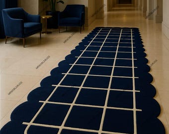 Hand-Tufted Navy Blue Runner Rug | Scalloped Edge, Ivory Grid