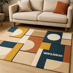 Neutral Modern Art Rug – Geometric Handmade Carpet for Minimal Decor,Bedroom,Office,Living Room