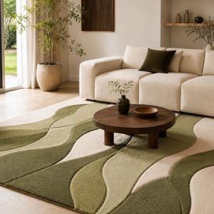 Alfombra moderna ondulada verde • Alfombra abstracta verde musgo y crema para sala de estar • Alfombra con patrón ondulado • Alfombra minimalista de estilo Japandi