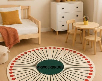 Modern Round Nursery Rug: Cream, Red Dot & Green Playroom Carpet