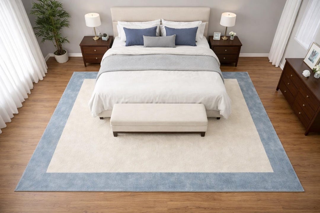 White Area Rug – Sky Blue Border, Minimalist Bedroom Carpet - Etsy