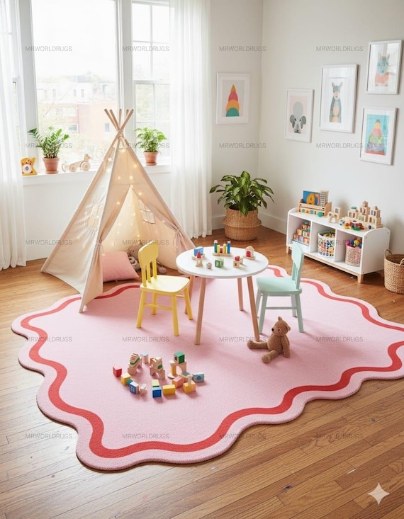 Handgemachter Rosa Teppich mit Muschelsaum | Moderne Kinder Kinderzimmer Set