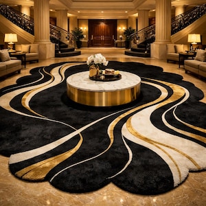May include: A large, ornate black rug with a unique, flowing design in gold and cream tones. The rug is centered in a grand foyer with a marble-topped coffee table and gold base. The room features elegant staircases and columns.