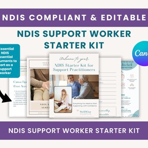 May include: A promotional image for an NDIS Support Worker Starter Kit. The kit includes essential documents for support workers. The image features a teal and purple color scheme with the Canva logo.