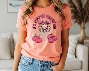 Pumpkin Wrangling Cowgirl T-Shirt, Pink Pumpkins, Harvest Season Tee
