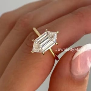 3 CT Elongated Hexagon Moissanite Ring: 14K Gold Hidden Halo Solitaire