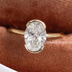 3 Ct Oval Cut Moissanite Ring Half Bezel Set Solitaire Engagement Ring 14K Solid Yellow Gold Oval Cut Wedding Ring Anniversary Ring For Her