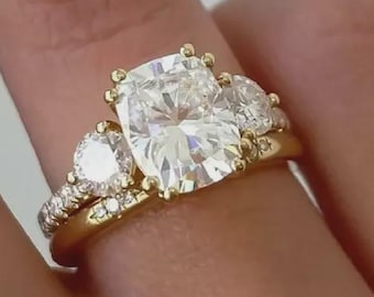 2.5 Ct Elongated Cushion Cut Moissanite Engagement Ring Set: 14K Gold Bridal Wedding Rings