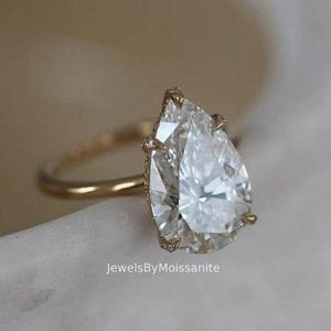 3Ct Pear Cut Moissanite Engagement Ring: 14K Yellow Gold Hidden Halo