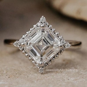 Art Deco 3.50 Ct Asscher Cut Moissanite Engagement Ring: 14K Solid Gold Milgrain Halo