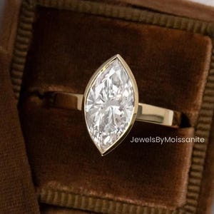 Bezel Set Marquise Moissanite Ring: 14K Solid Gold Engagement, 2 Ct