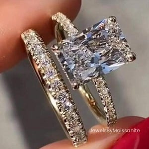3Ct Radiant Cut Moissanite Engagement Ring Set 14K Gold Wedding Bridal Set Hidden Halo Radiant Ring With Half Eternity Band Anniversary Ring