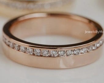 Moissanite Pave Wedding Band: 14K Solid Gold Eternity Anniversary Ring
