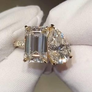 Emerald & Pear Moissanite Toi et Moi Ring: 14K Solid Gold Two Stone Engagement