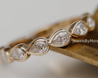 East West Pear Cut Moissanite Half Eternity Bezel Set Stacking Band, 14K Gold Matching
