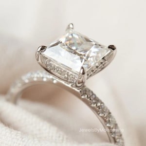 3Ct Princess Cut Moissanite Engagement Ring: 14K Solid Gold Hidden Halo, Pave Diamond Accent