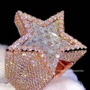 Iced Out Star Moissanite Ring: 925 Sterling Silver Hip Hop Jewelry