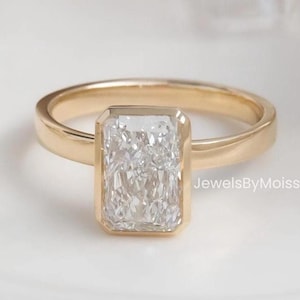 3CT Radiant Moissanite Engagement Ring: 14K Yellow Gold Bezel Solitaire