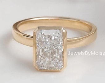 3CT Radiant Moissanite Engagement Ring: 14K Yellow Gold Bezel Solitaire