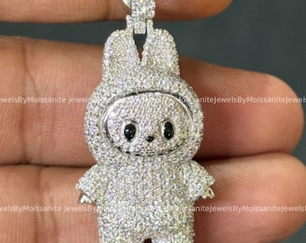 Iced Out Labubu Charm: 925 Sterling Silver Moissanite Pendant