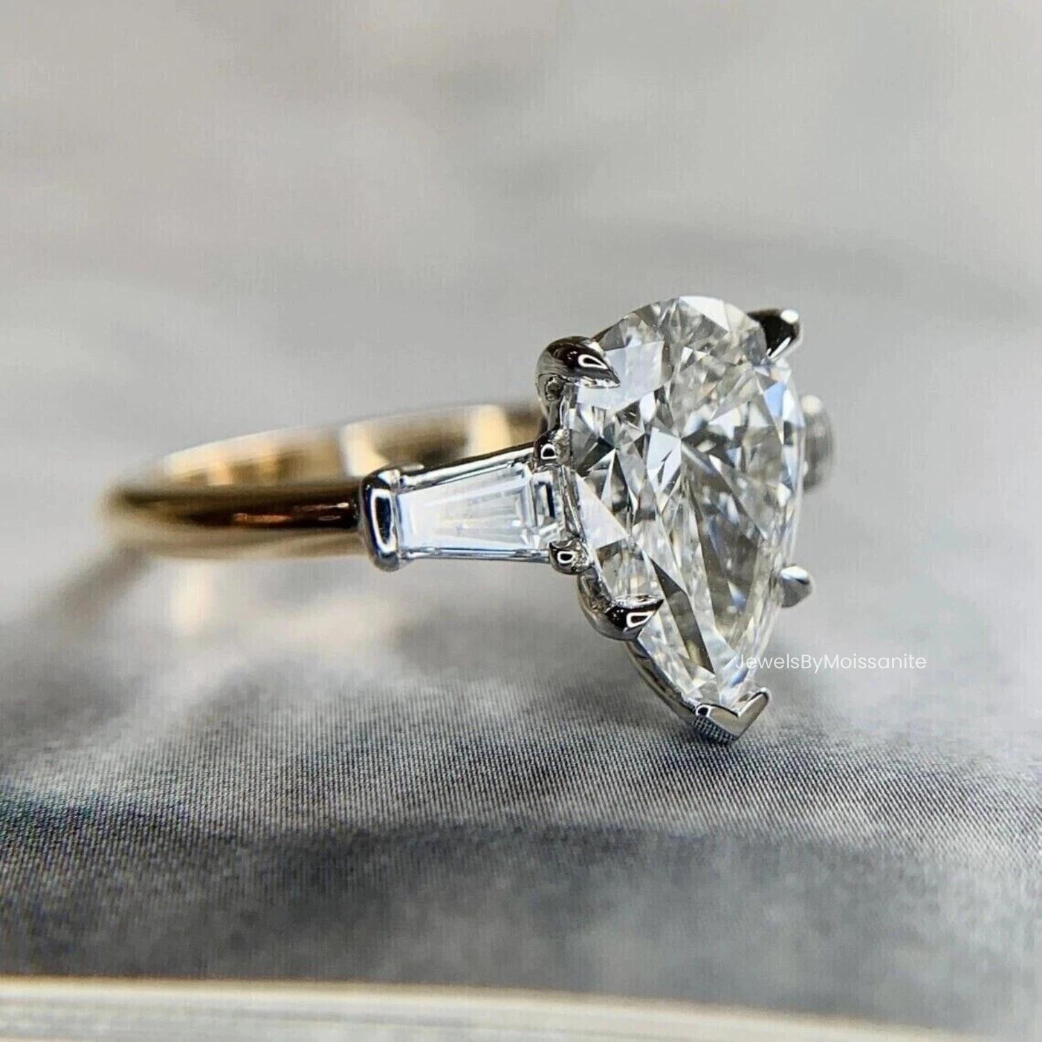 Pear Cut Moissanite Engagement Ring: Three Stone 14K Gold Bridal Ring ...