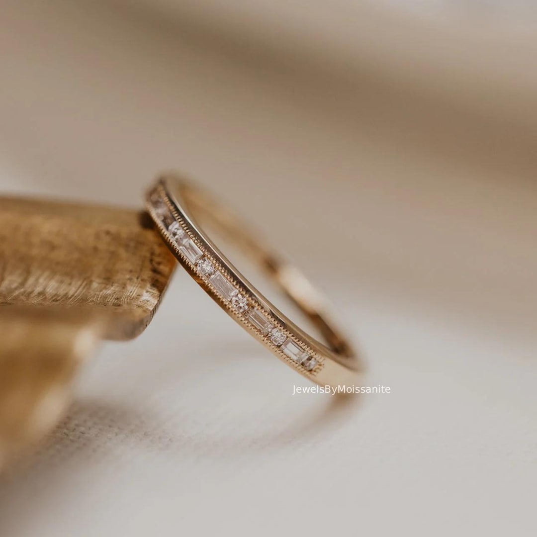14K Gold Baguette and Round Cut Moissanite Wedding Band, Eternity ...