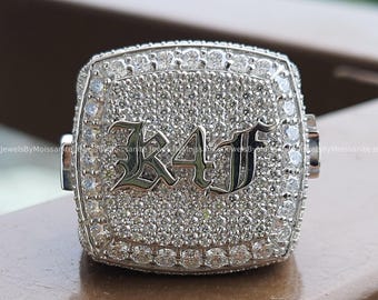 Iced Out Moissanite Initial Ring, Custom Sterling Silver Hip Hop Jewelry