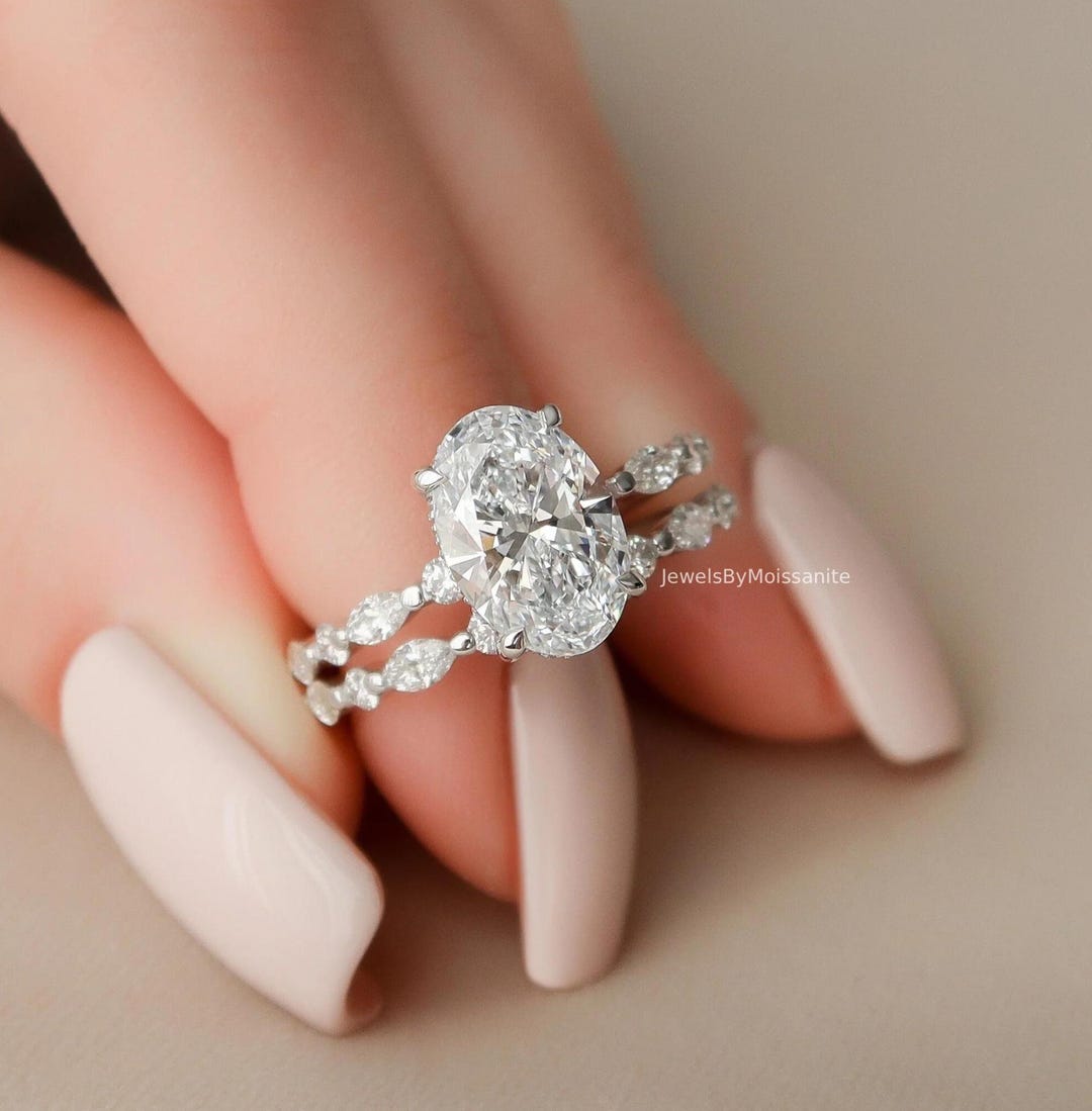 3 Ct Oval Moissanite Engagement Ring Set: 14K Solid Gold Hidden Halo ...