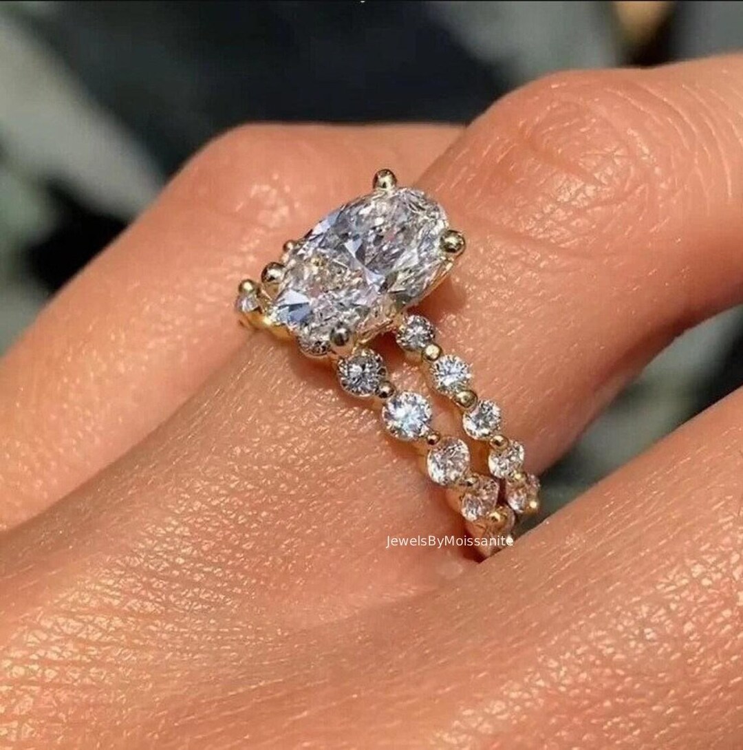 3ct Oval Cut Moissanite Solitaire Engagement Ring Set, Solid 14K Gold ...