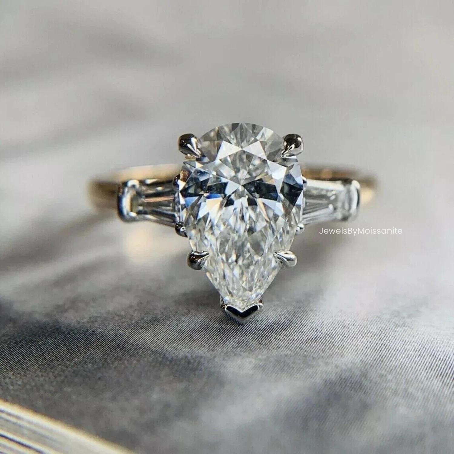 Pear Cut Moissanite Engagement Ring: Three Stone 14K Gold Bridal Ring ...