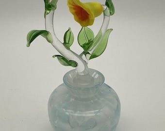 Vintage Art Blown Glass Perfume Bottle Lily Leaf Vine Stopper Murano Style